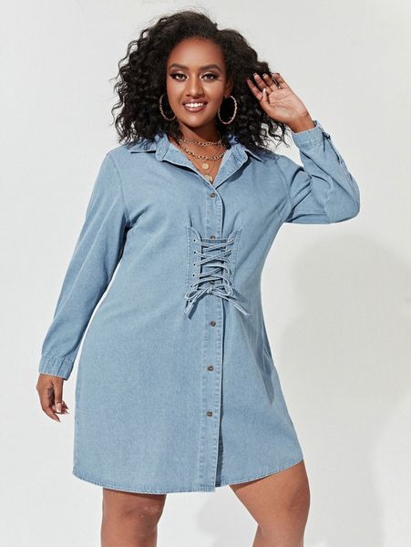 

plus grommet lace up button through denim 413s#, White