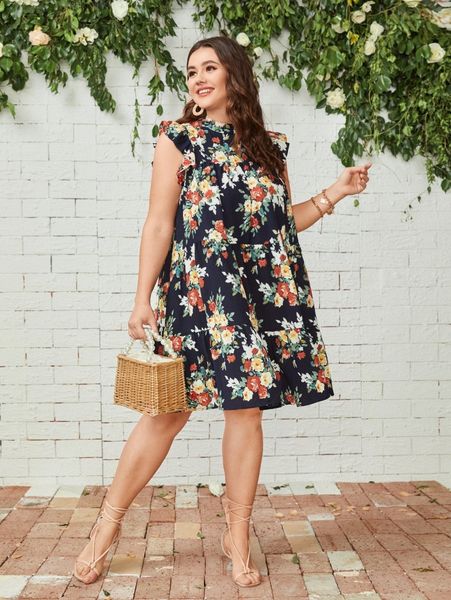

plus floral print ruffle hem dress w1ar#, Black