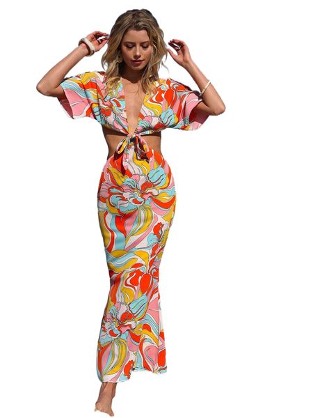 

floral print cut out tie front dolman sleeve mermaid hem dress a6s2#, Black;gray