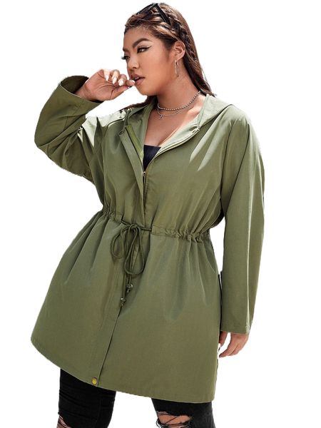 

plus drawstring waist hooded coat 89jv#, Black