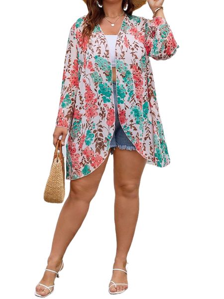 

plus floral print kimono o547#, Black;gray