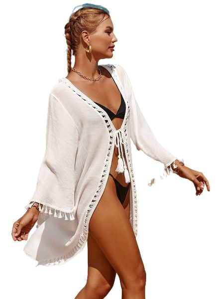 

crochet tassel tie front kimono o5br#, White;black