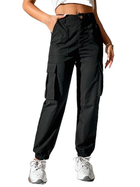 

petite solid flap pocket cargo pants r2e2#, Black;white