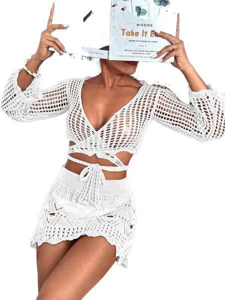 

2pack plain wrap hollow out sheer cover up set h4h6#, White;black
