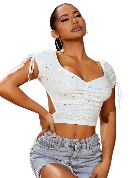 

sxy drawstring lace up backless ruched crop schiffy tee o7vy#, White