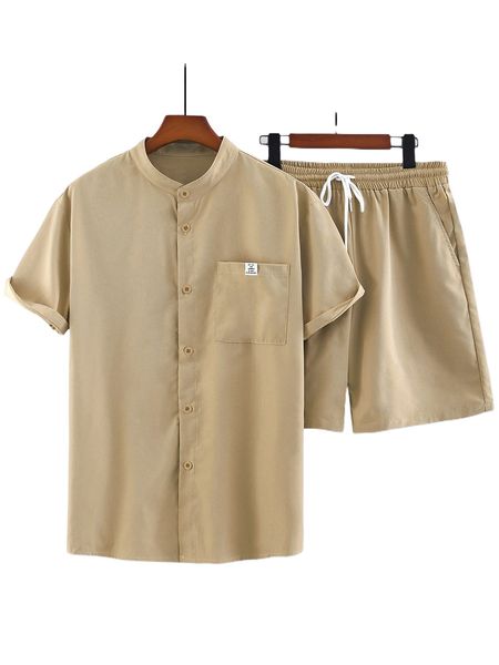 

men letter patched shirt & drawstring waist shorts 242e#, Gray