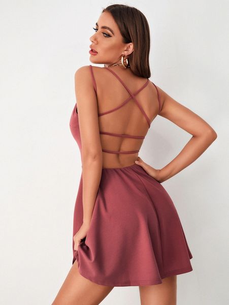 

crisscross open back solid dress 38rs#, Black;gray