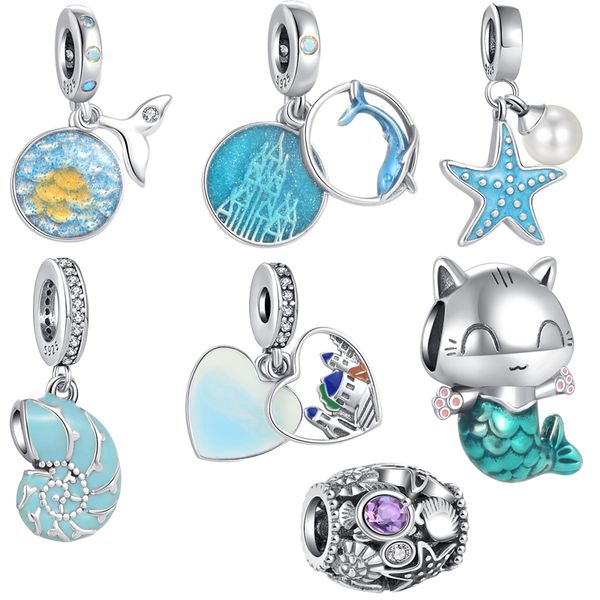 925 Silver Fit Pandora Charme 925 Bracelete Ocean Mermaid Conch Charms Pingente Diy Fine Moliciais Jóias