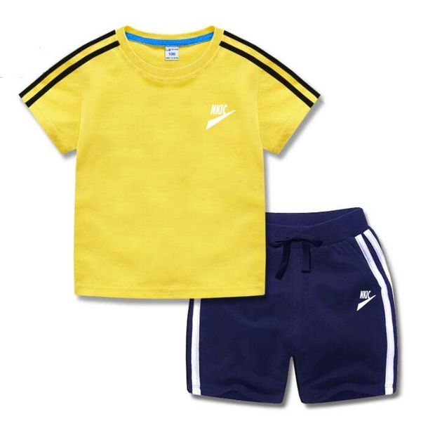 

brand logo print summer children clothes sets short sleeve t-shirts solid elastic waist shorts sports suit sets 2pcs baby clothing outfits, White