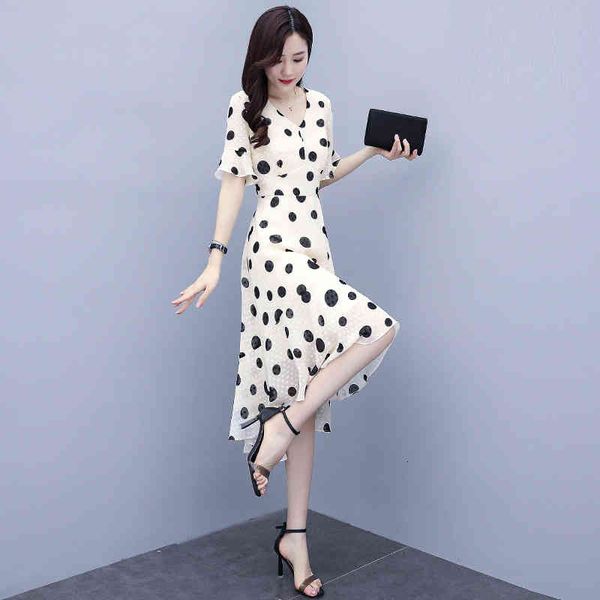 

casual dresses wave point dress women's summer 2022 light mature slim fit temperament exotic stunning chiffon long skirt m1c5, Black;gray