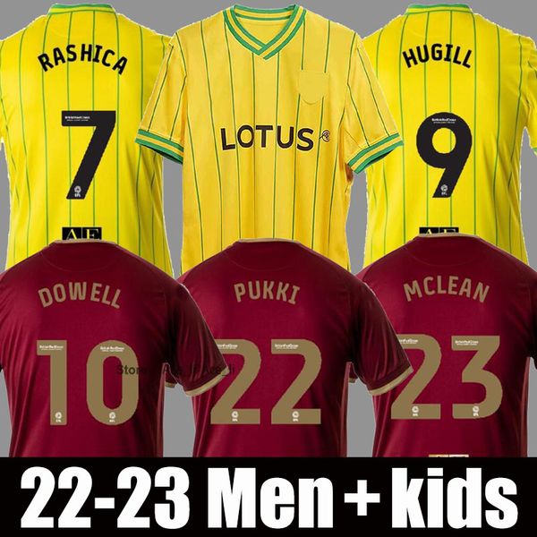

22 23 norwich pukki soccer jerseys city 2022 2023 hugill rashica mclean dowell buendia tzolis sargent footy home yellow away red men kids ba, Black;yellow