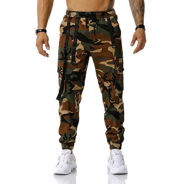 

men's pants men's pants camouflage overalls, fashion loose-fitting casual tie feet trousers four seasons, Black