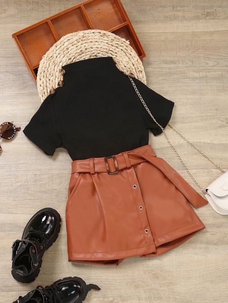 

toddler girls button detail tee & wrap hem belted skort she, White