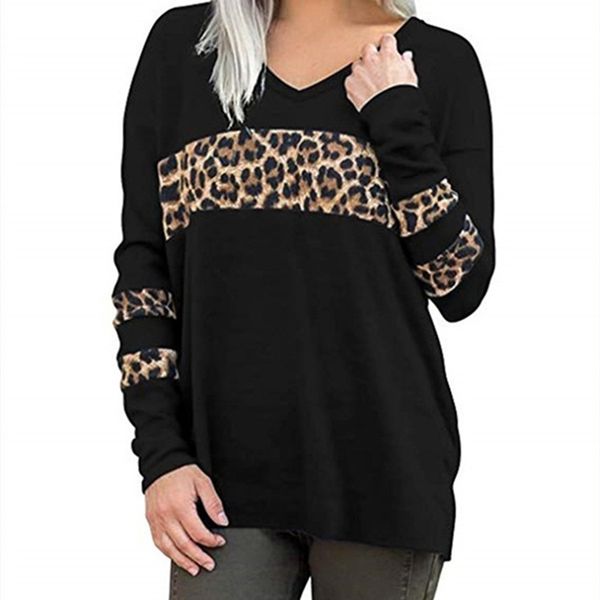 

leopard patchwork women long sleeve t shirt vneck tee autumn loose tee shirts female fashion lady streetwear y200109, White