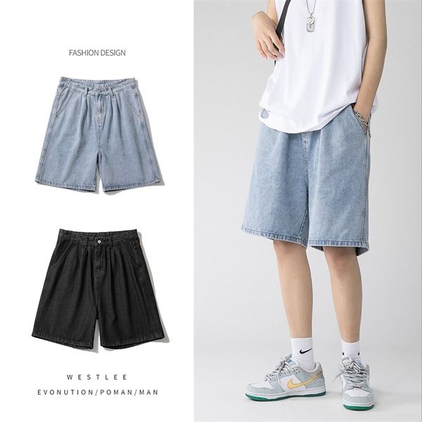 

wide leg baggy denim shorts men summer thin solid color casual loose simple knee length five point pants male jeans 220621, White;black