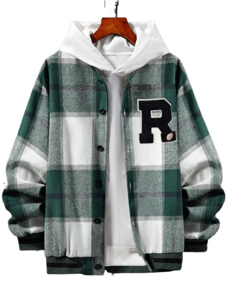 

men 1pc plaid letter patched striped trim drop shoulder bomber jacket u0me#, Black;brown