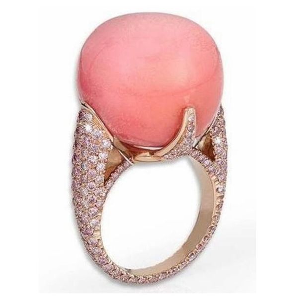 Anelli a grappolo Colore oro rosa per donna Intarsio ad artiglio Grande rosa rotondo Pietra di corallo Anello zircone bianco Regalo di Natale Gioielli per feste di moda