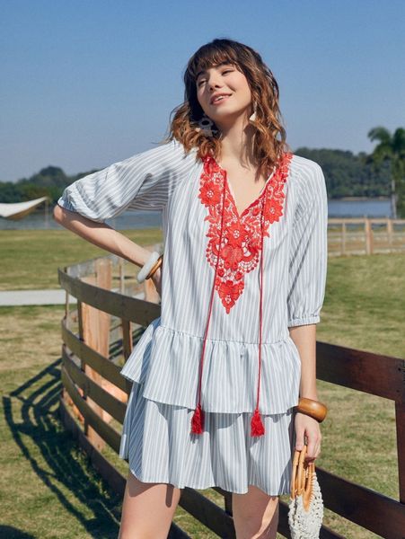 

striped print floral embroidery patched dress m7zz#, Black;gray