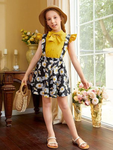 

girls bow front frill & floral print ruffle hem overall dress set she, White