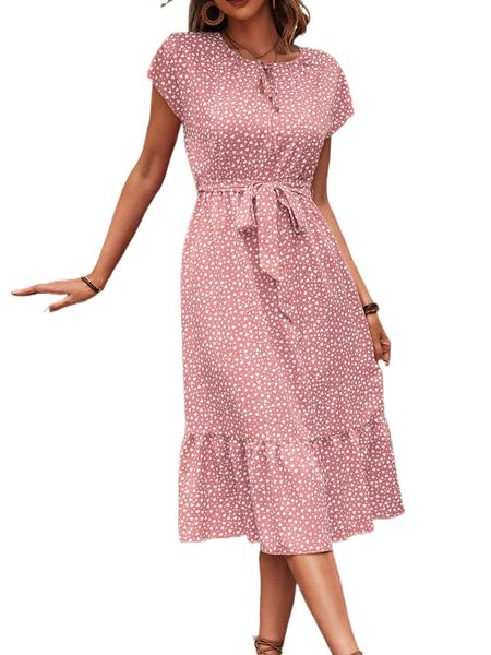 

heart print batwing sleeve ruffle hem belted dress t1xb#, Black;gray
