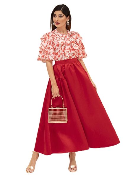 

modely floral print layered sleeve tie neck blouse 66vp#, White