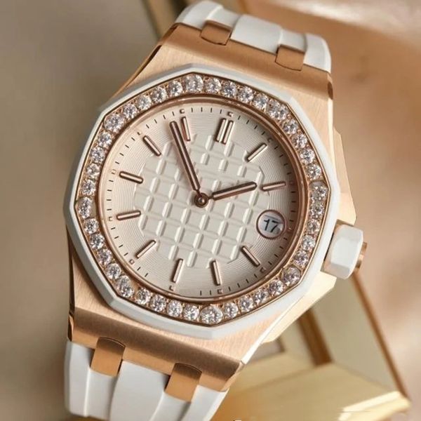 

women watch quartz movement watches 37mm case with diamonds lady business wristwatches montre de luxe strap adjustable, Slivery;brown