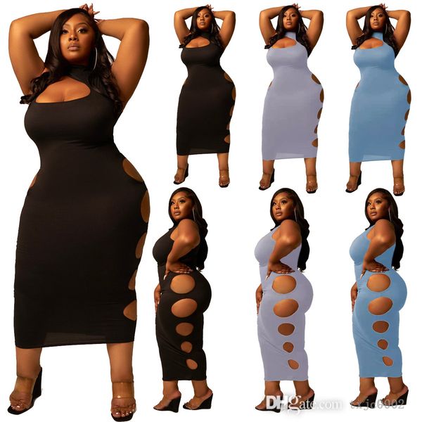 

women fashion basic solid color hole long dresses plus size women clothing s-xxxxl, Black