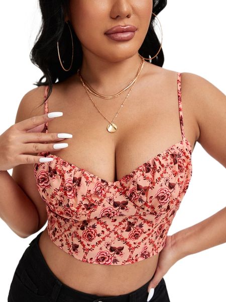 

sxy allover floral print ruched bust lace-up back bustier cami m3xb#, White