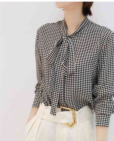 

women's blouses & shirts spring and summer thousand bird lattice bow ribbon shirt mulberry silk top, White