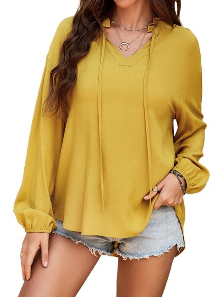 

solid frill tie neck blouse q9ms#, White