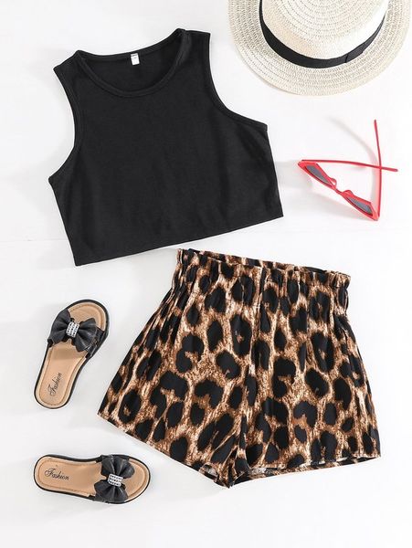 

girls leopard paper bag waist shorts & tank she, White