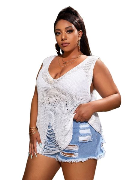 

plus eyelet detail distressed cover up without bra a7xc#, Black