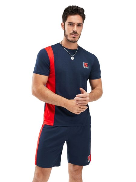 

men letter graphic contrast side seam tee & drawstring waist shorts 131p#, Gray