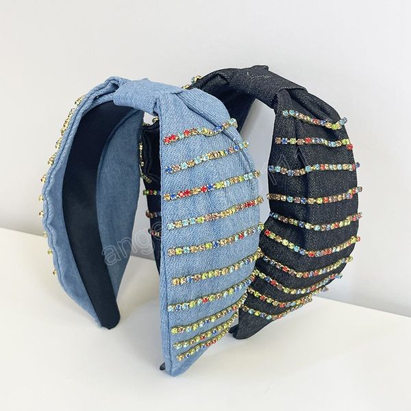 

women girls denim wide rhinestone knot hairband headband hair accessories hair jewley, Slivery;white