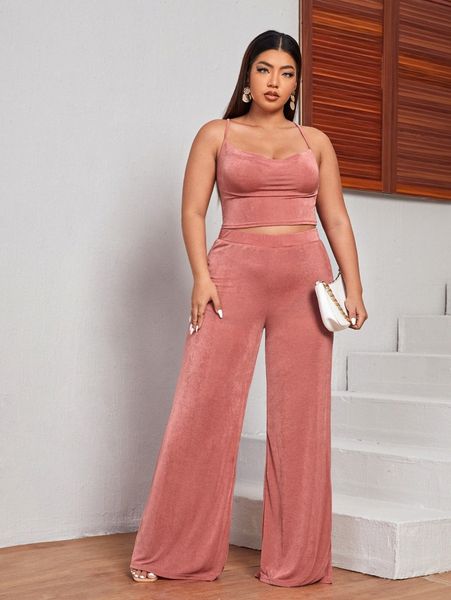 

plus crisscross cami and wide leg pants set n6vi#, Black