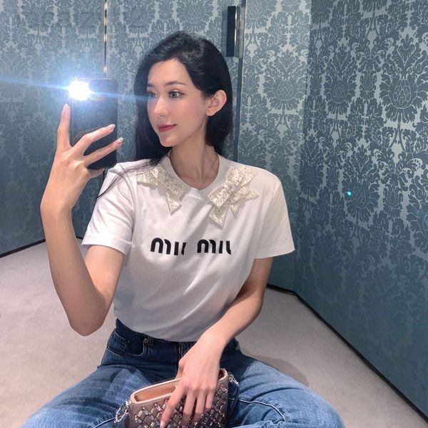 

women's t-shirt designer miu family 2021 summer new round neck hand nailed bead bow letter printed short sleeve t-shirt blouse tm70, White