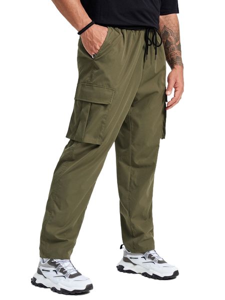 

extended sizes men flap pocket side drawstring waist cargo pants f0tn#, Black
