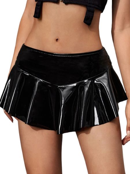 

wide waistband pu leather flare skirt 98eq#, Black