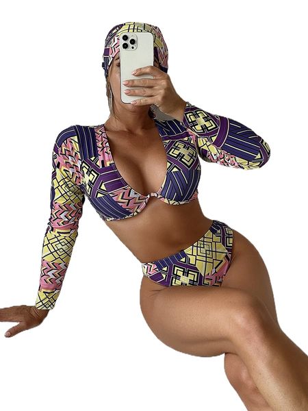 

geometric underwire bikini swimsuit with bandana 53gy#, White;black