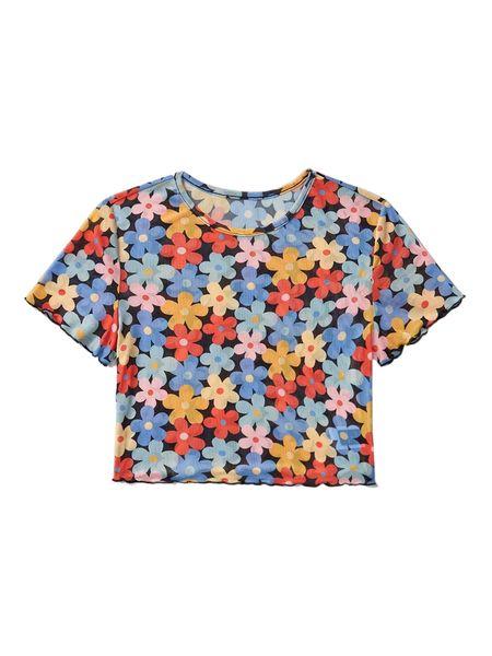 

x caroline law floral print lettuce trim crop tee q1kt#, White