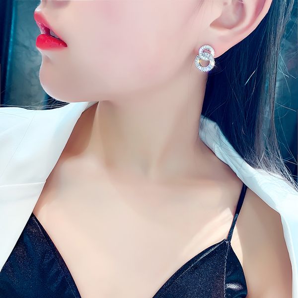 

925 silver needle zircon micro-inlaid geometric double circle stud earrings simple graceful flashing fashion circle eardrop for, Golden