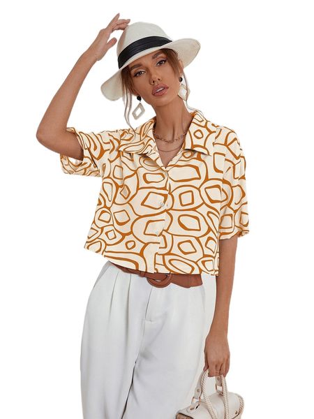 

single breasted drop shoulder geo print blouse b6hm#, White