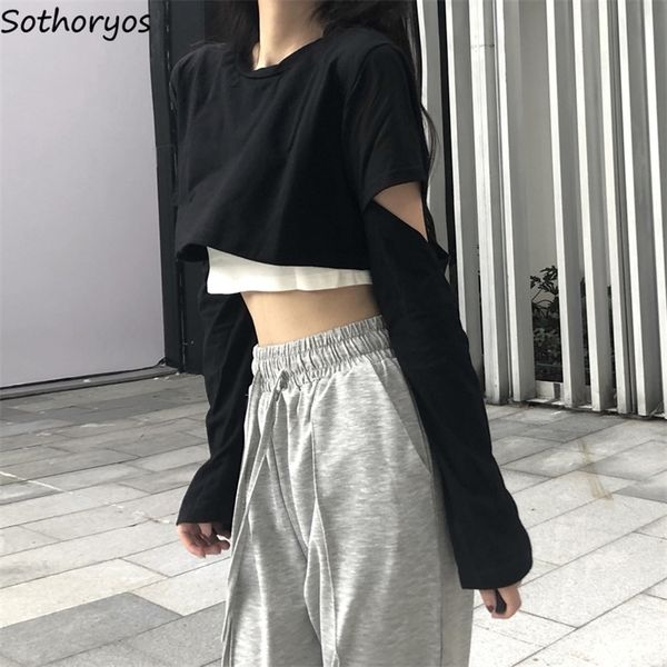 

long sleeve tshirts women patchwork loose crop girls casual simple allmatch spring ladies chic tees camis sets 2pecs 220722, White