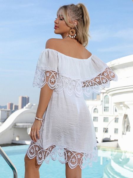 

lace hem off the shoulder cover up s6m8#, White;black