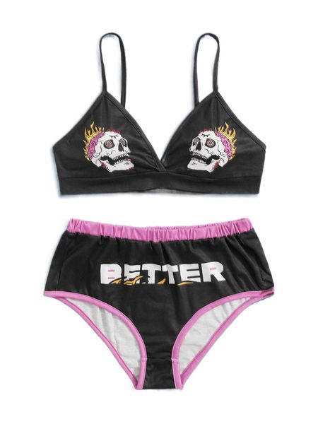 

romwe x pomoi street life skull & fire print pj set 70w7#, Black;red