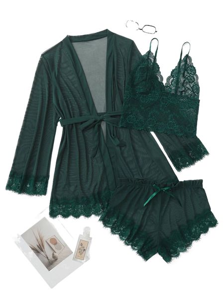 

4pack contrast lace mesh lingerie set & robe & belt x08c#, Black;red