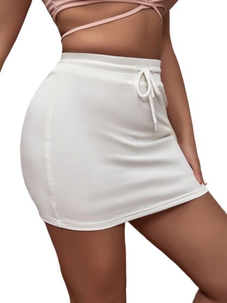 

drawstring waist rib-knit bodycon skirt x3cn#, Black