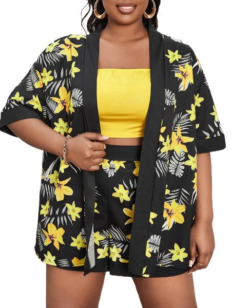 

sxy plus floral print drop shoulder kimono & shorts u4i6#, Black