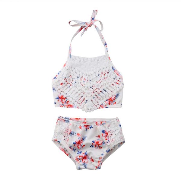 Swimwear das Mulheres Meninas Conjunto de Biquíni Verão Crianças Halterneck Lace Floral Top Shorts Swimsuit Banheira Terno Beachwear Crianças 2-5y