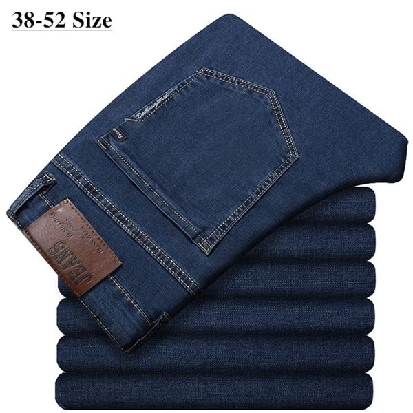 

plus size 44 48 50 52 mens blue jeans classic loose elastic trousers business casual denim pants brand mens clothes 201128